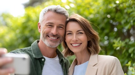 A joyful mature couple captures a memorable selfie moment outdoors amidst vibrant greenery showcasing a strong bond and positive lifestyle radiating happiness
