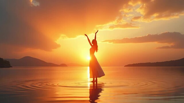 Silhouette of a woman dancing in the water at sunset. A graceful female figure with arms raised against a golden sky. Freedom and spirituality concept
