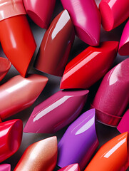Assortment of vibrant lipstick shades in a close up full frame shot