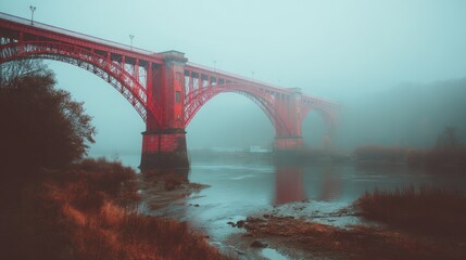 A bold red bridge over a misty river, retro cinematic atmosphere