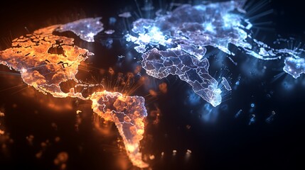 Glowing digital world map with orange and blue light effects against a dark background