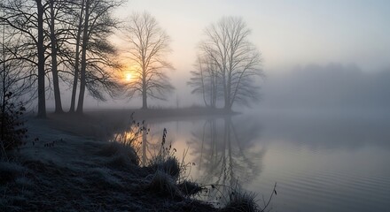 Misty morning landscape with trees and calm water reflecting sunrise
