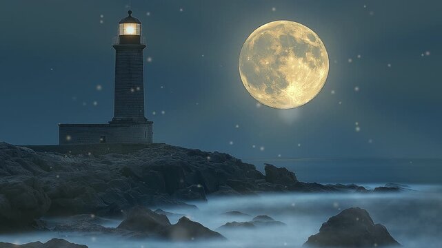 Moonlight beacon video LoFi animation, ai generated. Lighthouse stands on rocky shores beneath glowing full moon. Animated Lo-Fi aesthetic footage 4K clip motion graphics with floating dust particles