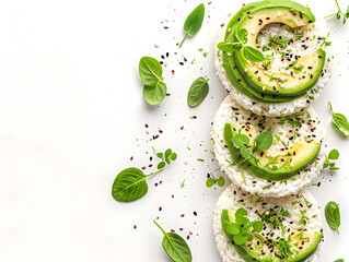 Avocado rice rings with herbs and spices on white background
