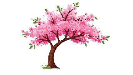 Obraz premium Beautiful pink cherry blossom tree with vibrant flowers and green leaves standing alone