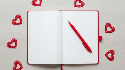 Creative flat lay workspace with notebook, red pen, and heart decorations on neutral background, Valentine Day planning concept for love notes, content creation, design projects, and seasonal marketin