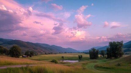 A pastel pink sky over a quiet meadow, serene and gentle