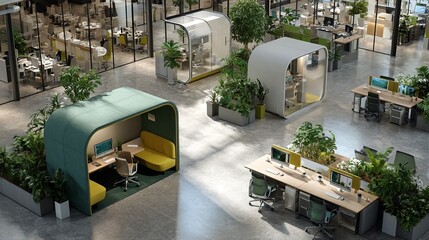 Modern Open Office with Green Zones with Collaboration Cubicles, and Plants Interior Design.