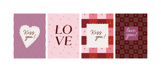 Set of valentines day greeting card collection with pink and purple romantic patterns. Heart frames, and love messages