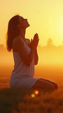 A silhouette of a woman praying in a field at sunrise. A person kneeling in meditation with hands together during a golden sunset. Spirituality, faith, and gratitude concept