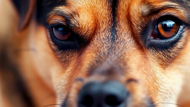 A close-up portrait of a dog's face, focusing on intense, expressive eyes and fur details