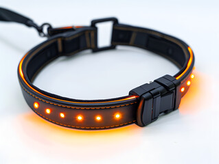 Black pet collar with bright orange LED lights for nighttime visibility and safety on white background