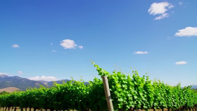 A vineyard under a bright blue sky, rows of green vines, with mountains in the background
