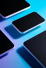 青と紫のグラデーション背景に浮遊するスマートフォン画面の3Dモックアップ