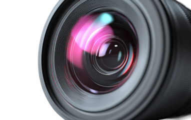 Professional video camera with advanced lens glass reflections designed for filming recording and media production isolated on transparent background PNG