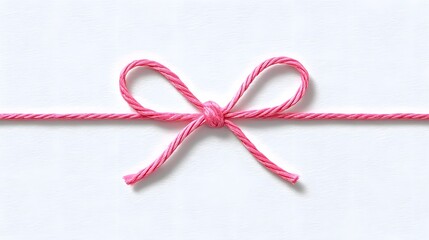 A bright pink bow made of twisted twine is neatly tied and centered horizontally on a clean white textured surface suggesting a decorative accent