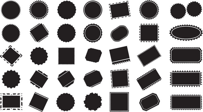 Collection of various black photo stamps and shapes on white background