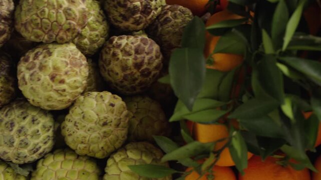 Tropical fruit market stall with pomegranates, avocados, oranges and custard apples