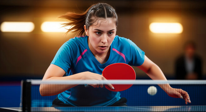 Action shot of a focused female table tennis player hitting the ball during a match in an indoor arena