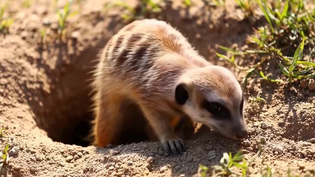 A small meerkat emerges from its burrow in the sunlit ground, surrounded by sparse green grass