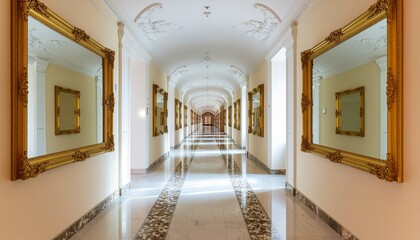 A symmetrical perspective view of a long, luxurious palace hallway with white walls and golden mirrors