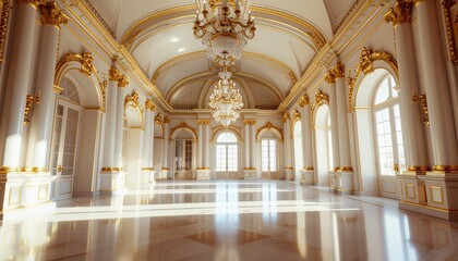 A grand, wide-angle view of a luxury palace hall featuring white marble floors and golden architecture.