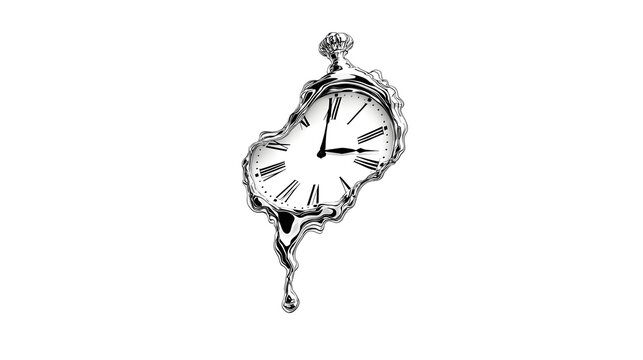 Surreal ic depiction of a distorted liquid like silver pocket watch with Roman numerals and hands on a white background emphasizing the abstract concept of time s malleability and distortion