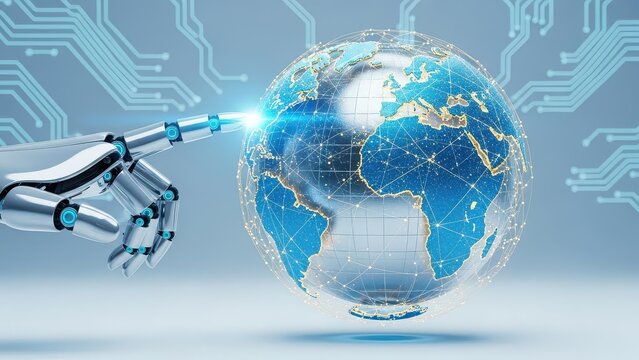 Robot is touching a globe with a blue dot on it - Powered by Adobe