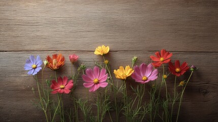 Obraz premium Colorful wildflowers on a wooden background showcasing vibrant hues of nature, perfect for floral designs, backgrounds, or nature-based projects.