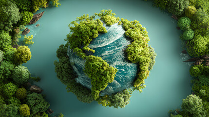 Planet earth on green background green continents made from tree crown clear azure water ecological survival concept