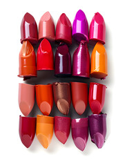 Broken lipstick parts and caps in various shades arranged on a white surface