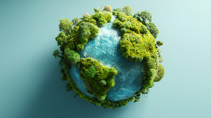 Fototapeta premium Planet earth on green background green continents made from tree crown clear azure water ecological survival concept