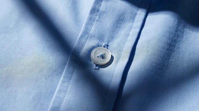Close up of blue shirt button and stitching showing soft fabric texture with fashion details natural light highlighting subtle shadows clothing