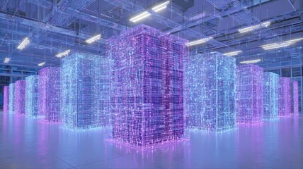 Futuristic Data Center with Glowing Servers, Illustrating Cloud Computing, Cybersecurity, and Advanced Technology Infrastructure