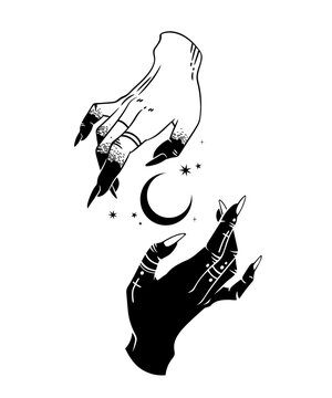 Two hands in a magical composition with a crescent moon. Black elements on a white background