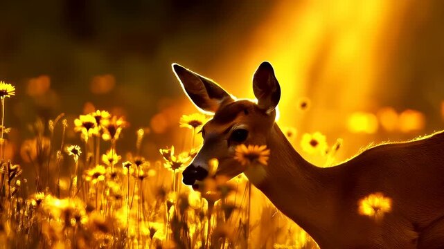 Spring booming. Life. New hope. Season. A vivid portrayal of a deer in a field of yellow flowers, bathed in a warm, golden light. The deers face is the central focus.