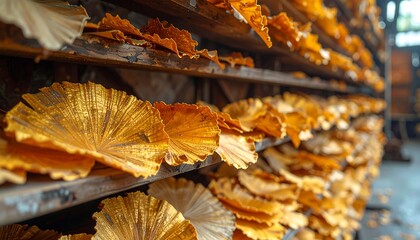 Rows of Dried Jackfruit Slices on Shelves in a Factory.
