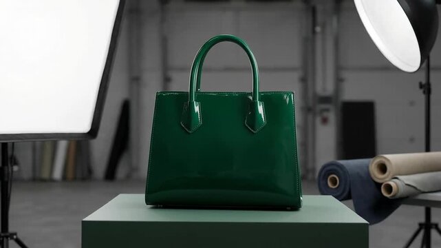 Glossy green leather handbag with tactile fashion details and elegant accessory design showcased in studio lighting on pedestal for style presentation