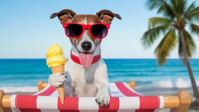 Funny dog in sunglasses enjoying ice cream on beach vacation
