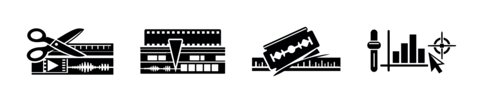 Audio editing vector icons set: tools, symbols, music, sound design elements