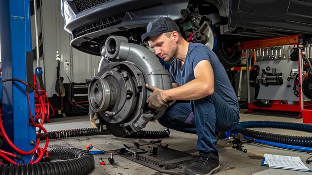 Auto mechanic inspecting a large industrial turbocharger in a busy car repair workshop.