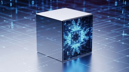 Futuristic Digital Cube with Circuit Patterns and Blue Data Streams