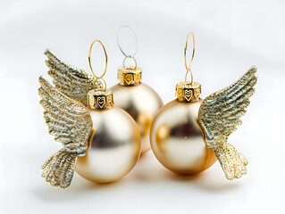 Christmas baubles with golden wings, decorative ornaments for tree