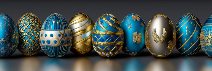 decorative turquoise and gold Easter eggs with gold luxury decor, standing in a row on a dark background. elegant easter card, banner