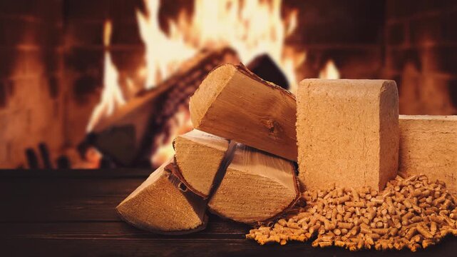 biomass heating. firewood, pellets and briquettes on wood burning fireplace background. sustainable, carbon neutral and renewable fuel