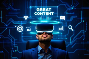 Business, Technology, Internet and network concept. Young businessman working in virtual reality glasses sees the inscription great content.