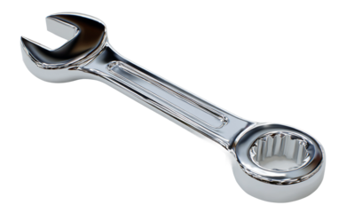 Polished chrome wrench with reflective metal surface designed for professional repair, mechanical, and DIY applications isolated on transparent background PNG
