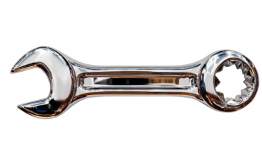 Shiny chrome wrench with reflective surface designed for mechanical repair, industrial work, and DIY projects isolated on transparent background PNG