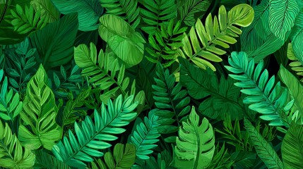 Lush Green Tropical Foliage Background Vibrant Leaves with Jungle Texture, and Vector Design.