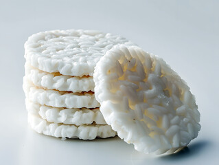 Circular rice cakes stacked neatly on white surface